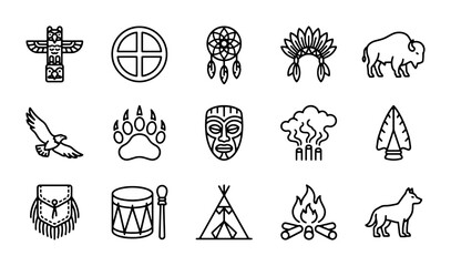 Native American Icons Set, Tribal Symbols Collection, Indigenous Culture Vector Graphics © Anik