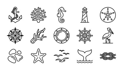 Nautical Icons Set: Marine Life, Anchors, Lighthouses, and More Vector Graphics © Anik
