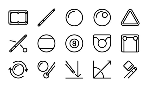 Billiard Icons Set, Pool Game Symbols, Cue Sports Vector Graphics, Black and White Line Art