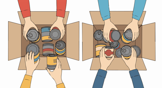 Hands pack canned goods into open cardboard boxes, charity donation