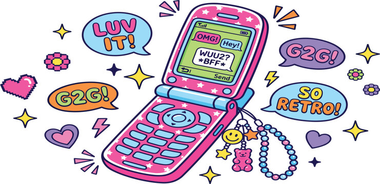 Retro Y2K Pink Flip Phone Vector Illustration featuring Text Message Slang Bubbles Charms Hearts and Stars for Noughties Nostalgia Pop Culture Designs