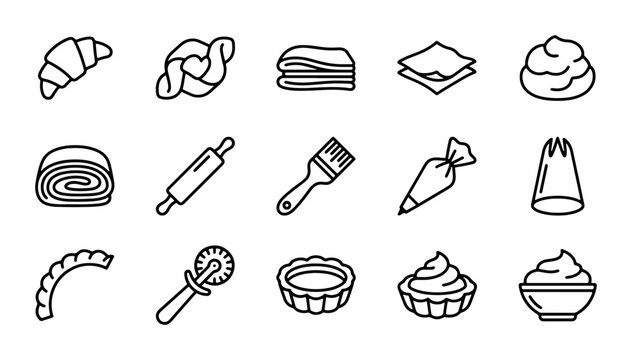Bakery Icons Set, Pastry Tools & Baked Goods Vector Graphics, Food & Cooking Line Art