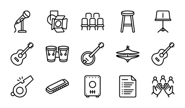 Music Performance Icons Set: Microphone, Instruments, Stage Equipment, Audience, 15 Vector Elements
