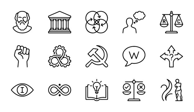 Philosophy Icons Set: Abstract Concepts, Symbols, and Classical Figures for Education and Thought