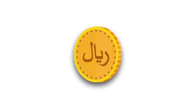 Gold Coin with Arabic Riyal Symbol and Stars on White Background currency money