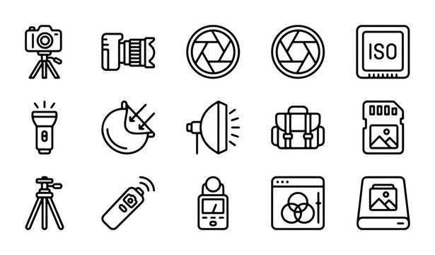 Photography Icons Set, Camera Gear & Equipment Vector Graphics, Creative Studio Tools Collection