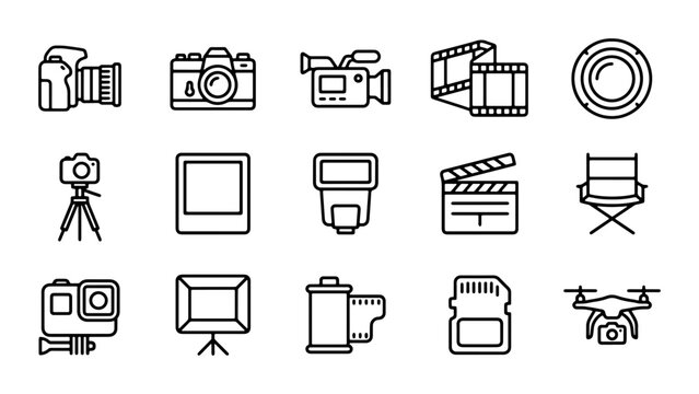 Photography and Videography Icons Set: Camera, Film, Drone, Tripod, Flash, Clapperboard, SD Card