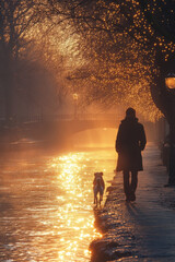 Fototapeta premium Person walking down flooded street at sunset.