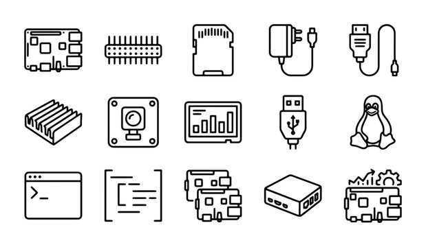 15 Technology Icons: Raspberry Pi, SD Card, USB, Linux, Circuit Board, Computer Hardware