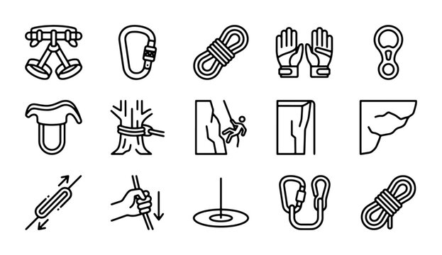 Climbing Gear Icons Set, Rock Climbing Equipment, Mountaineering Essentials, Vector Graphics