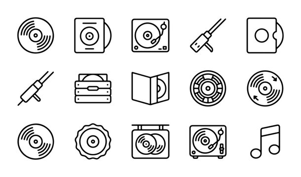 Retro Music Icons Set: Vinyl Records, Turntables, Microphones, CDs, Audio Equipment, Notes