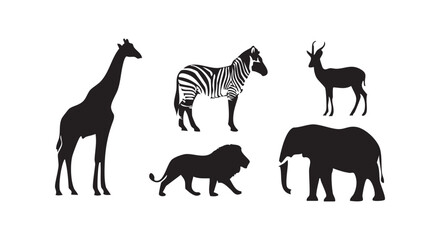 Fototapeta premium Set of black silhouettes of african safari animals featuring a giraffe, zebra, lion, antelope, and elephant.