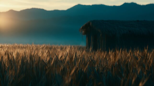 Sunlit wheat field with mountain horizon