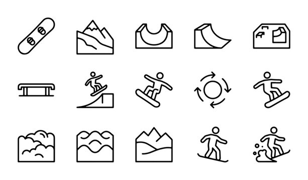 Snowboarding Icons Set, Winter Sports Vector Graphics, Extreme Activity Symbols, Snowboarder Elements