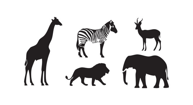 Set of black silhouettes of african safari animals featuring a giraffe, zebra, lion, antelope, and elephant.
