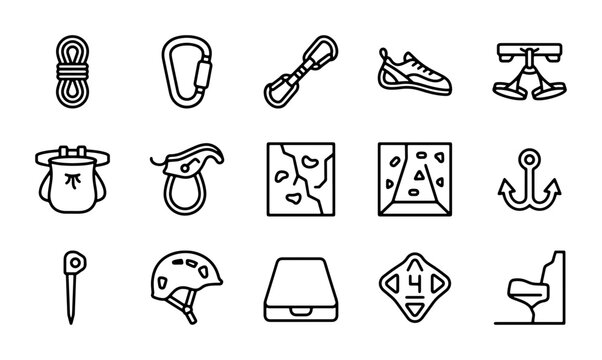 Climbing Gear Icons, Rock Climbing Equipment Vector Set, Outdoor Adventure Symbols