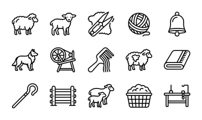 Sheep Farming Icons Set: Wool, Shepherd, Farm Tools, Livestock, Rural Life © AbdullahAl
