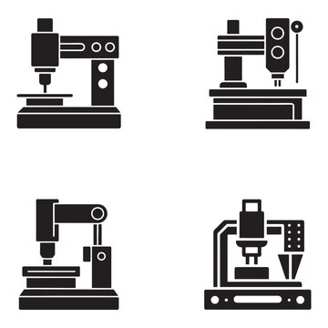 Set of four black and white icons of different types of milling machines for manufacturing processes  industrial equipment for metalworking and fabrication techniques