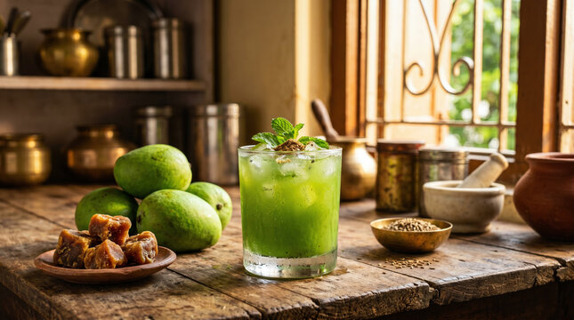 Traditional Indian aam panna drink with raw mangoes and jaggery indoors