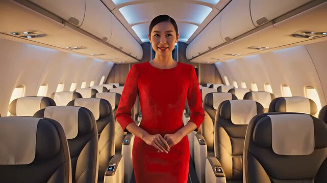 red dress air hostess Young Charming Air Hostess in Red Dress with Blue Collar Posing in Front of  the Camera with White Background and Copy Space Stock Image