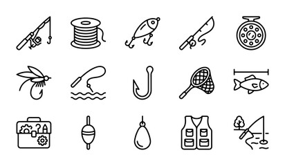 Fishing Icons Set: Rods, Reels, Lures, and Gear for Angling Adventures © Arif