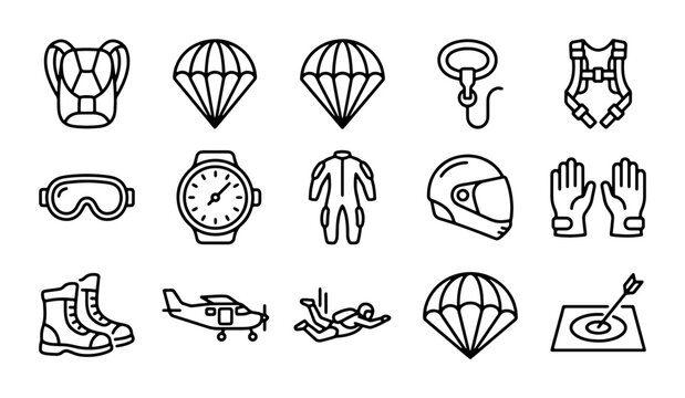 Skydiving Equipment Icons, Parachute Gear Vector Set, Extreme Sports Symbols, Adventure Accessories