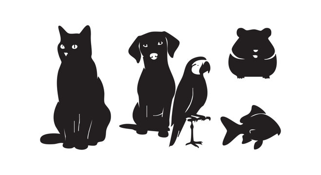 Set of common house pets in black silhouette style featuring cat dog hamster parrot and fish isolated art pieces.