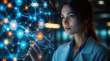 Naklejka premium A refined female scientist observing a glowing neural network in a high tech laboratory setting, capturing the essence of innovation, data analysis, and advanced digital research in chemistry.