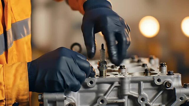 Mechanic installing a spark plug into a vehicle engine cylinder head. Professional technician performing automotive maintenance in a workshop. Car service concept for industrial repair marketing.