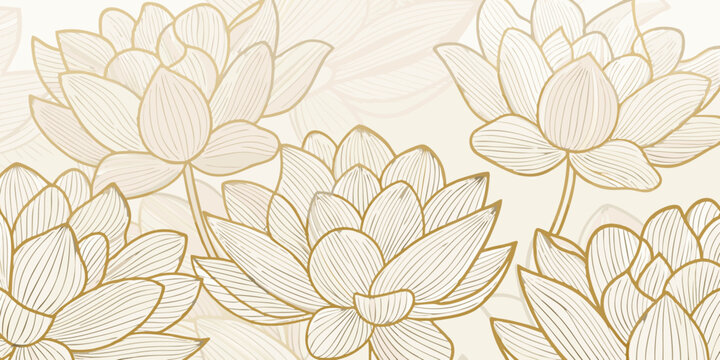 Elegant gold line drawing of lotus flowers with delicate petals on a beige background