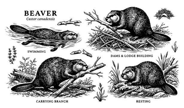 beaver, vector, handdrawn, sketch, engraving, animal, wildlife, forest, nature, rodent, vintage, etching, illustration, fur, tail, teeth, wood, river, wild, mammal, rustic, outdoors, badge, stamp, log