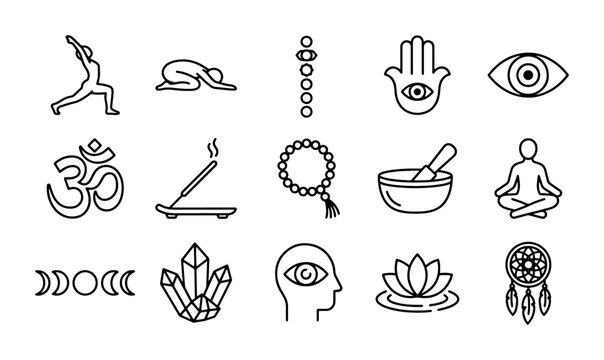 Spiritual Icons Set: Yoga, Meditation, Om, Crystals, Moon Phases, Dreamcatcher, Hamsa