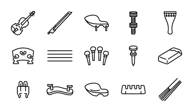 Violin Parts Icons, String Instrument Components, Musical Accessories Set, Vector Graphics