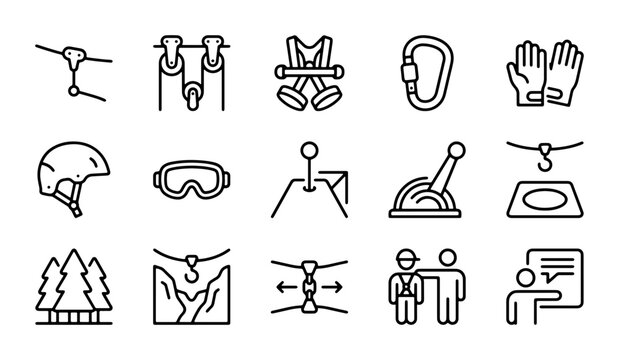 Adventure Park Icons: Zip Line, Harness, Carabiner, Safety Gear Vector Set