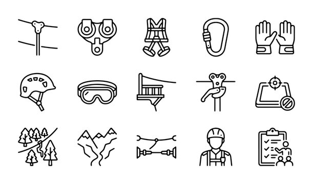Zipline Adventure Icons Set: Adventure Gear, Safety Equipment, Outdoor Activity Symbols
