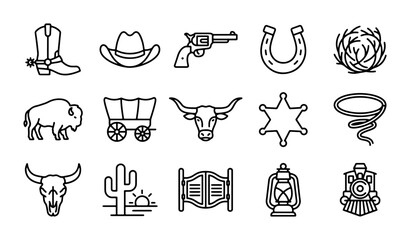 Western Icons Set: Cowboy Boots, Hats, Guns, Horseshoes, Buffalo, Wagons, Sheriff Stars, Lasso, Trains, Cacti, Saloon Doors, Lanterns, Skulls © Nazmul