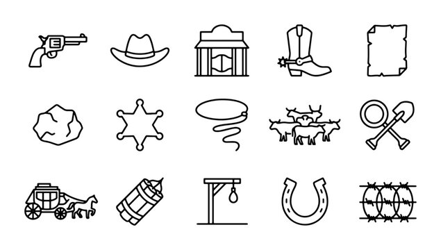 Western Cowboy Icons, Wild West Vector Set, Rodeo & Frontier Graphics, 15 Elements