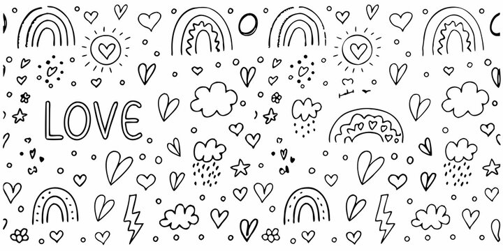 hand drawn pattern with rainbows hearts clouds and the word love in black ink