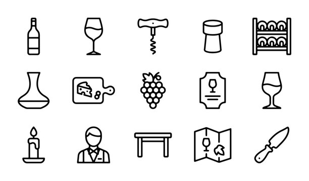 15 Wine Icons: Bottle, Glass, Corkscrew, Cheese, Grapes, Sommelier, Vector Set