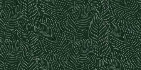 seamless pattern of stylized fern leaves in monochromatic dark green tones © Sanjit