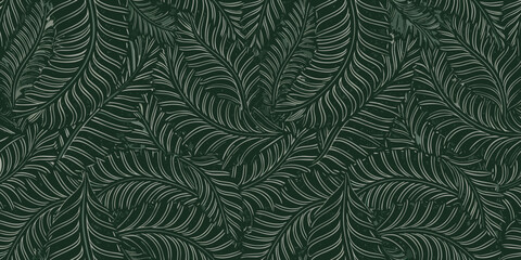 seamless pattern of stylized fern leaves in dark green monochromatic design © Sanjit