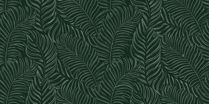 seamless pattern of stylized fern leaves in monochromatic dark green tones