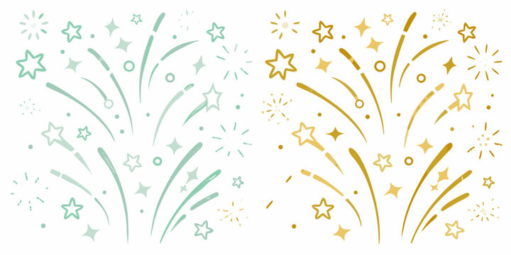 watercolor firework bursts in teal and gold with star shapes on a white background