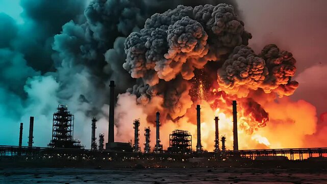 Large explosion and massive fireball at an industrial refinery plant. Thick black smoke and intense flames engulf silhouetted factory towers. Disaster safety and emergency response concept.