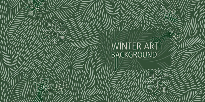 watercolor pine branches and snowflakes in cool teal and gray seamless pattern