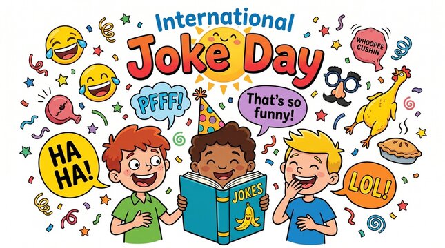 International joke day sticker with diverse happy kids laughing and sharing jokes