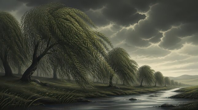 Dramatic landscape at the threshold of a storm featuring swaying weeping willow trees along a winding riverbank, capturing a cinematic mood with moody clouds and atmospheric countryside scenery.