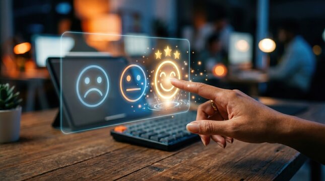 Customer satisfaction survey interface with a finger selecting a happy face emoji with five stars