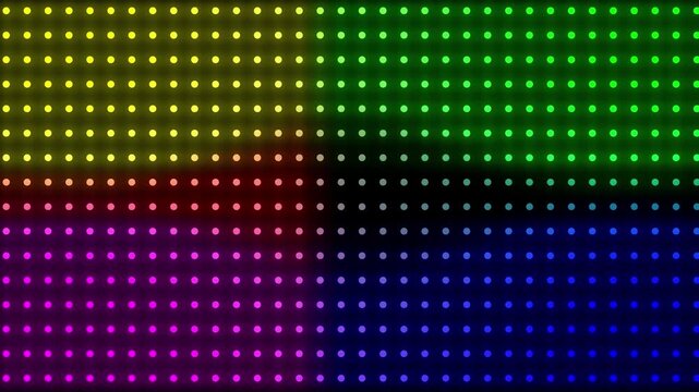 Grid of Illuminated Dots in Four Color Sections Yellow Green Purple Blue abstract