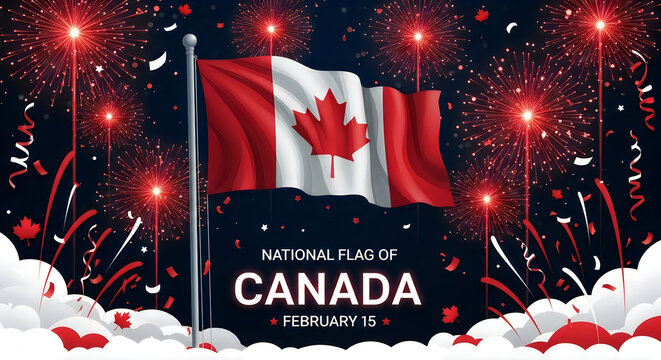 National Pride Celebration with Canadian Flag and Fireworks Display on Dark Background